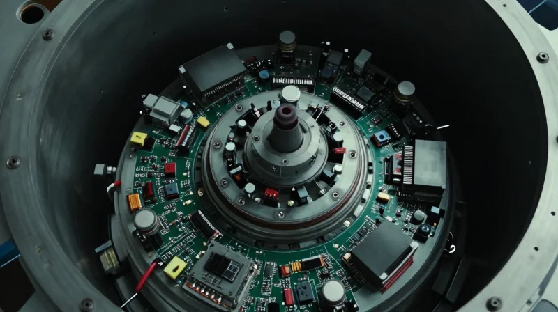 The Hidden Cost of Standard Electronics in Renewable Energy A close-up of electronic circuitry inside a wind turbine, demonstrating harsh operational stress.