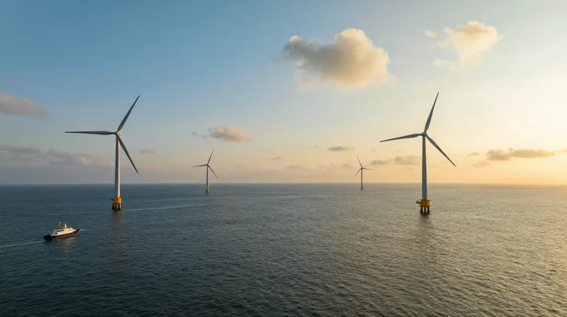 Case Study: Extending Service Life in Offshore Deployments Wide shot of offshore wind turbines during a maintenance operation at sunset.