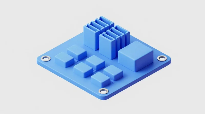 Thermal Management Through Component Placement An isometric 3D view of a PCB with heat-dissipating components and heat sinks.