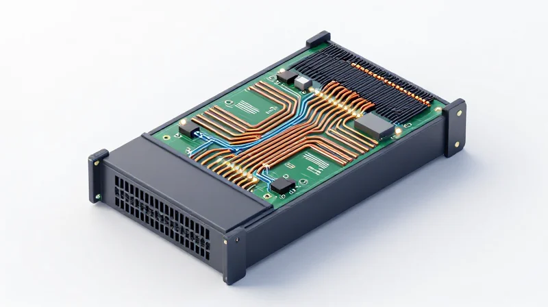 Isometric view of a high-power server PDU PCB with visible copper pathways