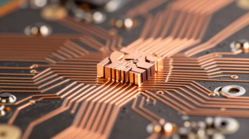 Macro view of thick copper traces on a green circuit board