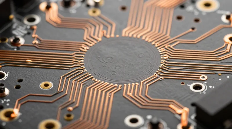 Physics of Power: High-Current PCB Engineering Fundamentals Detailed view of a high-current circuit board with thick copper layers.