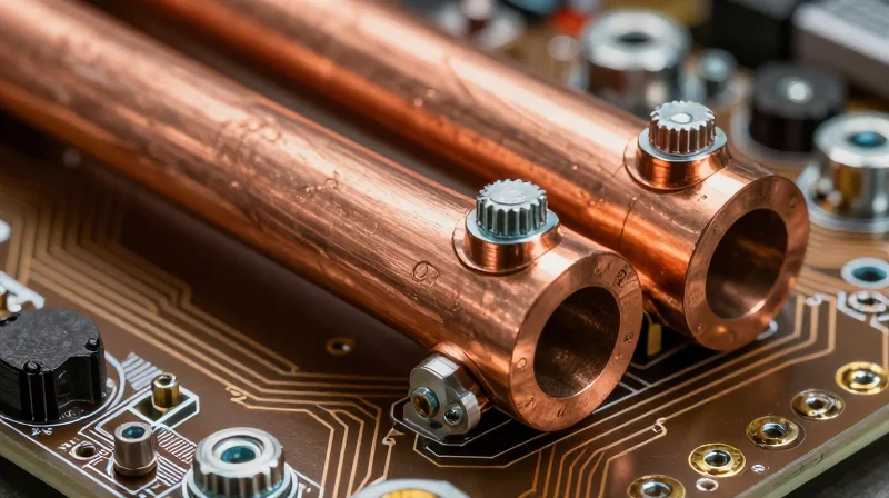 Copper Busbar Integration and Mechanical Anchoring A thick copper busbar integrated onto a green circuit board with mechanical fasteners.