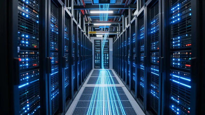 The Evolution of Power Density in Hyperscale Data Centers Modern hyperscale data center rows of servers with intense glowing connectivity lines.