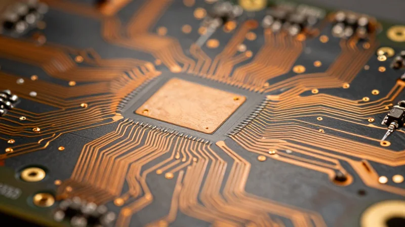 Top-down view of high-precision differential pair PCB traces on a professional circuit board