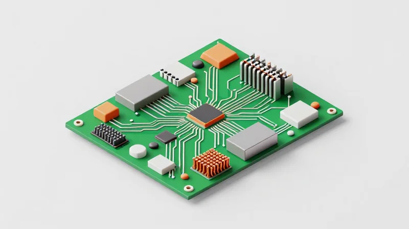 Isometric view of a high-performance PCB with thermal vias and heat dissipation elements