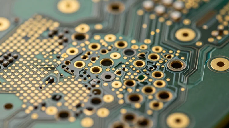 Micro-via Technology and Aspect Ratio Best Practices Close up of micro-via drill holes on a high-density circuit board