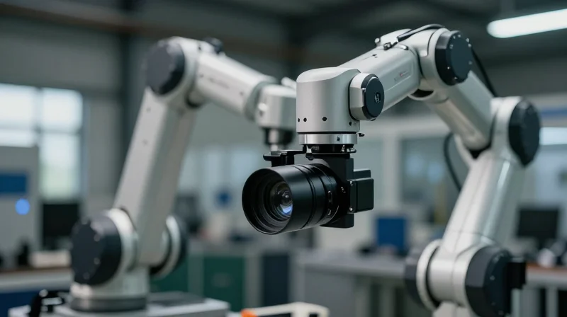 The Evolution of Machine Vision Camera Form Factors A modern, compact machine vision camera integrated into a sleek industrial robotic arm against a soft-focus factory background.