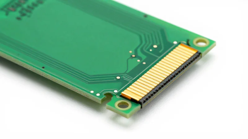 Understanding Rigid-Flex Technology A 3D close-up showing a rigid-flex PCB with a flexible golden polyimide layer connecting two solid green rigid board sections.