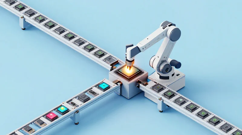 Impact on Automated Manufacturing and Assembly An overhead view of a robotic assembly line putting together a compact camera unit.