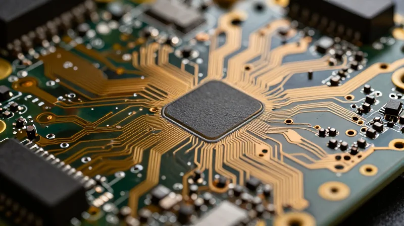 A close-up of a high-tech PCB board with glowing trace paths and intricate electronic components