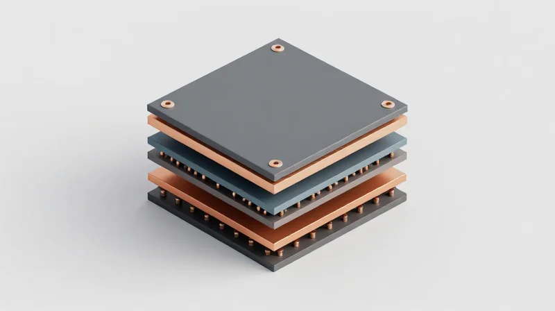 A 3D isometric view of a multi-layer PCB stack-up showing inner dielectric and copper layers