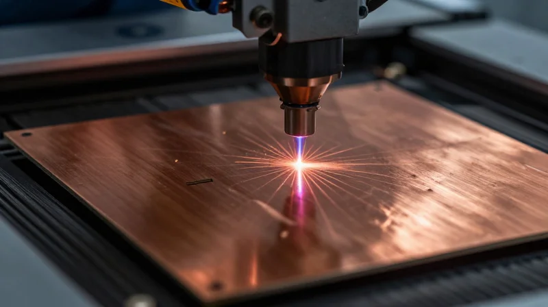 A precision laser beam focusing on a copper surface during PCB manufacturing