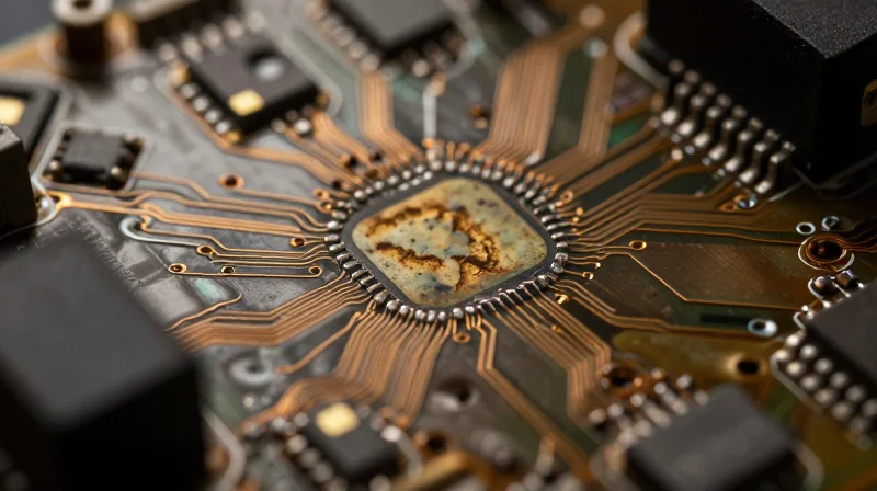 Understanding Traditional PCB Assembly Limitations Close-up of a damaged, aged printed circuit board showing signs of thermal wear and corrosion