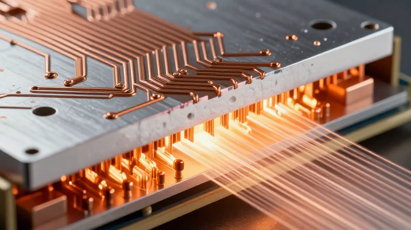 Cross-section of an aluminum PCB showing layered components and heat dissipation flow