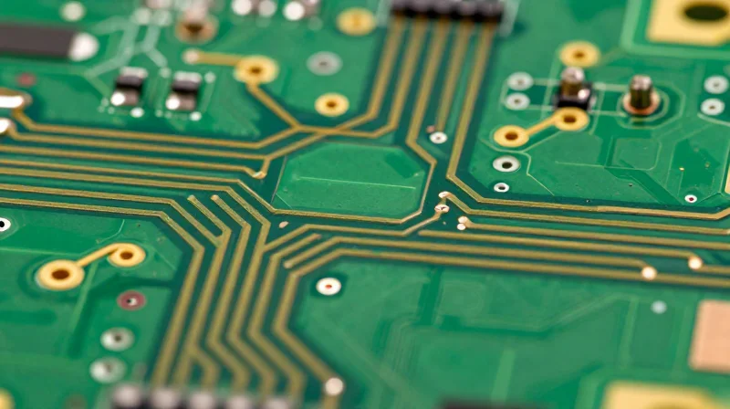 Professional macro photography of wide copper traces on a circuit board