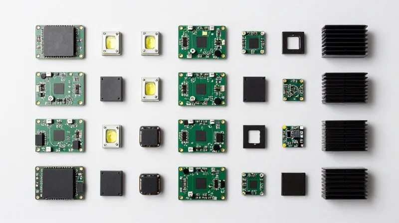 Flat lay of industrial LED components arranged on a metal-core board