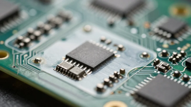 The Strategic Importance of PCB Conformal Coating A close-up of a printed circuit board with a shimmering protective conformal coating layer
