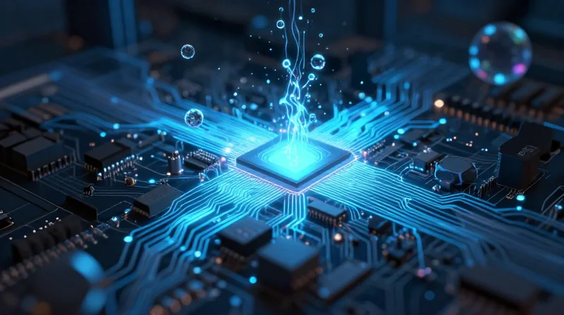 Assessing Environmental Stress Factors Abstract representation of electronic components facing environmental stressors like heat waves and moisture droplets