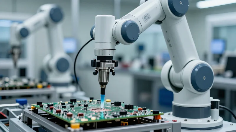 Application Methods and Manufacturing Scalability A robotic arm applying a precision spray of conformal coating on a PCB in a clean factory environment