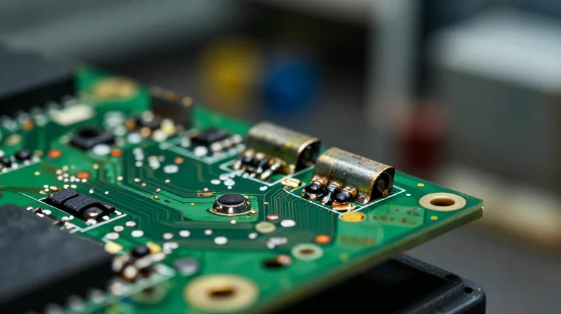 A close-up of a damaged circuit board showing signs of oxidation and corrosion on components, symbolizing industrial hardware failure.