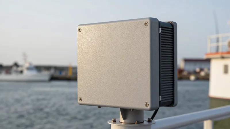 A high-tech maritime sensor array in a foggy coastal environment, showing a protective, transparent, glossy coating layer.