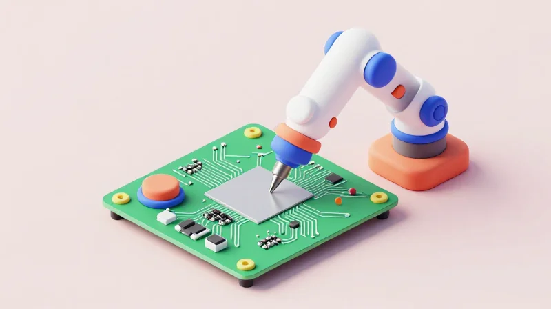 An automated robotic arm applying precision coating on a complex circuit board.