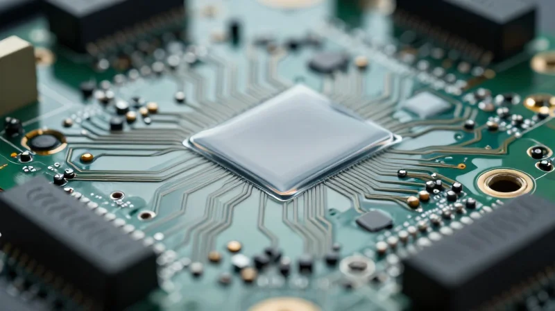 The Strategic Importance of DFM in Conformal Coating A close-up view of a PCB board with a transparent protective coating layer