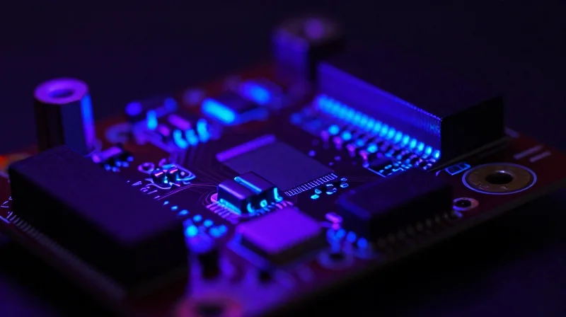 Testing, Inspection, and Quality Assurance Protocols A PCB under UV inspection light showing glowing protective coating