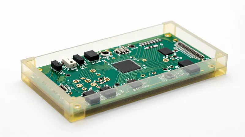 Understanding Traditional Potting Compounds A printed circuit board fully submerged in a thick layer of transparent resin.