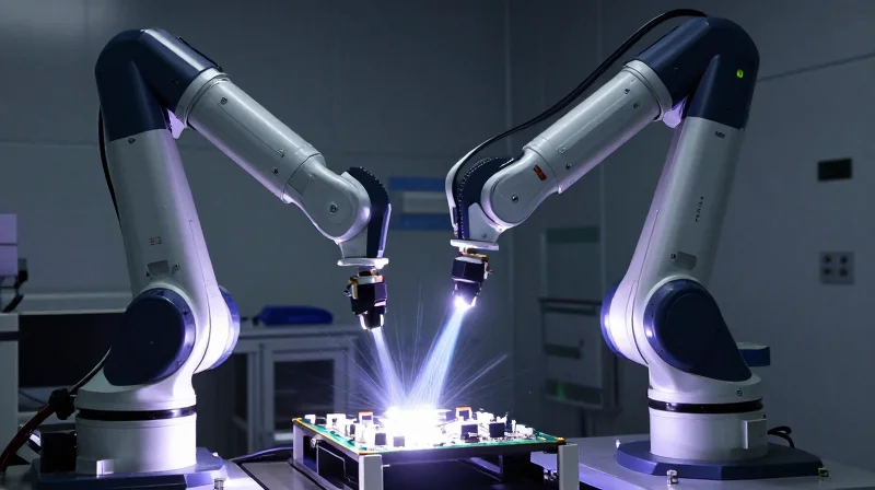 Harnessing UV-Curable Conformal Coatings A robotic arm applying coating to a PCB under a focused purple ultraviolet light.