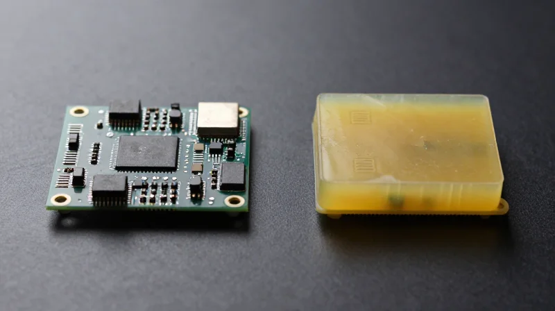 Comparative Analysis: Performance and Lifecycle Side-by-side comparison of a thin-coated PCB and a thick-potted module.