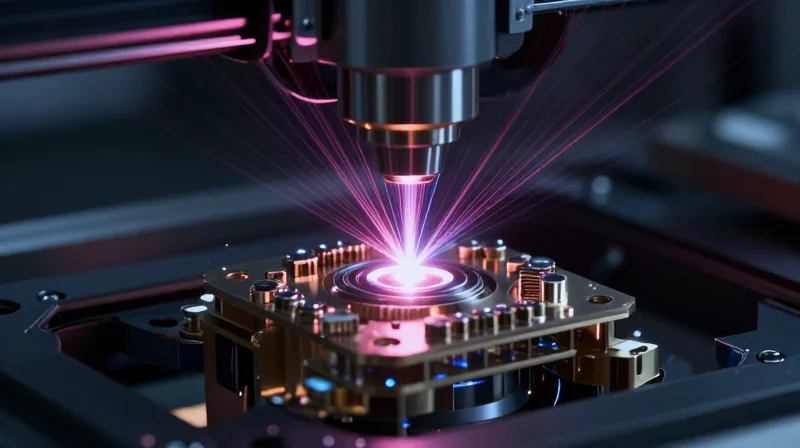 Advanced Fabrication Techniques for Mass Manufacturing An abstract conceptual view of a 5G hardware component being printed by a precision laser process.
