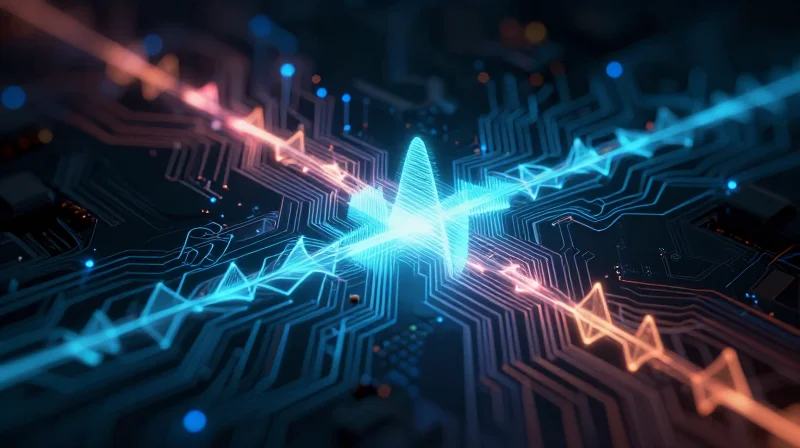 Abstract visualization of electromagnetic waves and signal propagation through a high-frequency circuit board, showing invisible energy flow.