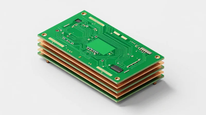 Isometric view of a multi-layer PCB cross-section showing precise copper traces and dielectric layers.