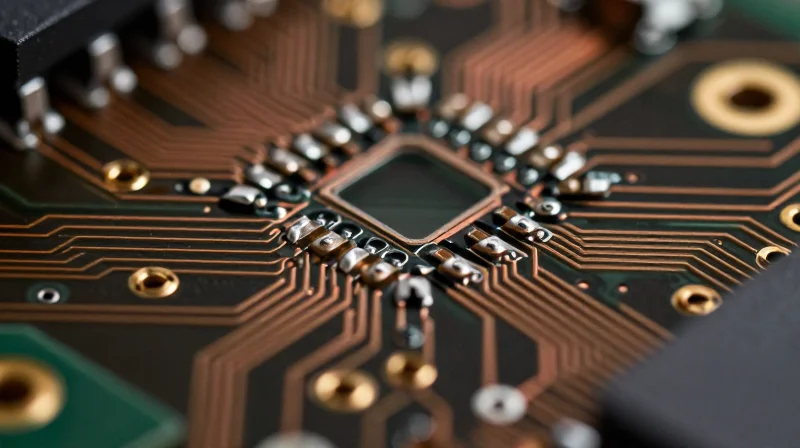 Microscopic detail view of a microvia connection within a high-density PCB substrate.
