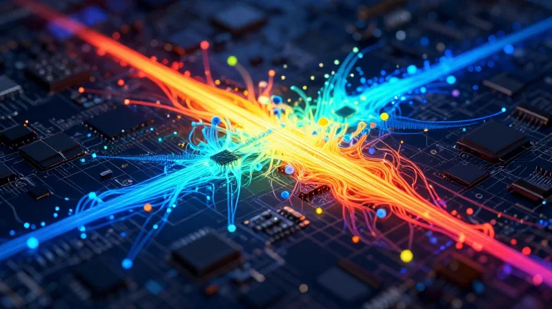 Thermal distribution conceptual visualization on a high-frequency circuit board.