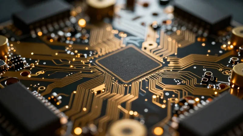 The Impact of PCBA Quality on High-Speed Signal Integrity A close-up view of a high-tech printed circuit board assembly showing intricate gold-plated traces and electronic components, focused on the complexity and precision of high-speed data transmission.