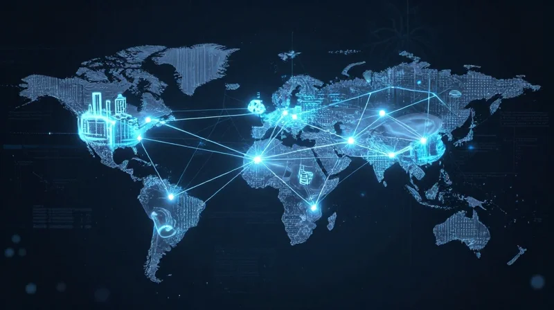 Ensuring Supply Chain Transparency and Resilience A digital representation of a secure and transparent global supply chain network with glowing nodes and lines, illustrating component traceability.