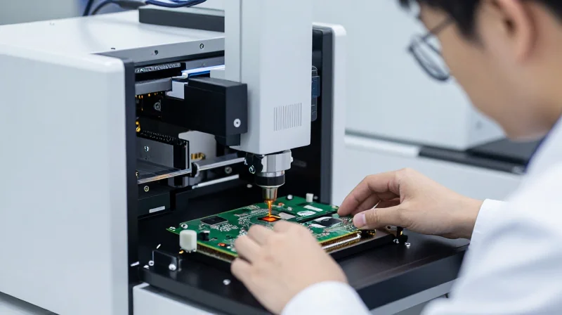 Advanced Testing Protocols for Optical Assemblies A professional setting depicting high-end diagnostic equipment analyzing a small circuit board, emphasizing precision and quality control.