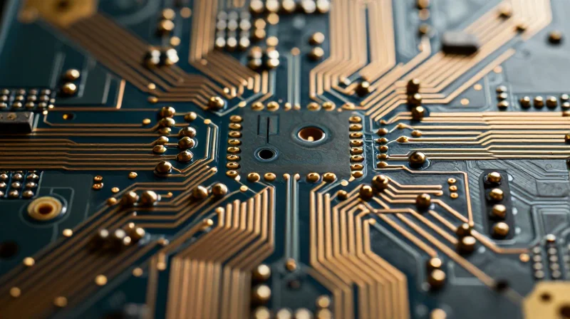 Precision Impedance Matching at the Micro-Scale Macro close-up of intricate PCB trace geometry and micro-scale interconnects