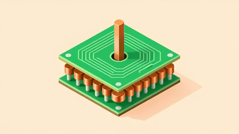 Minimizing Insertion Loss via Advanced Via Design 3D isometric illustration of a multi-layer PCB via structure