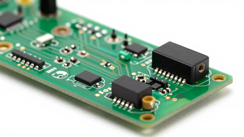 Anatomy of Traditional Optical Transceiver PCBA A close-up view of a traditional optical transceiver PCBA showcasing discrete electronic components and copper traces.