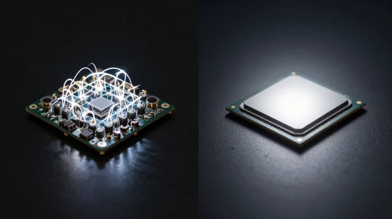 Comparing Efficiency and Power Consumption Side-by-side comparison visualization representing energy efficiency differences between discrete optics and silicon photonics.