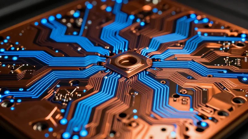 The Role of Dielectric Constant (Dk) Stability Close-up of a high-tech PCB substrate with glowing signal paths showing stability