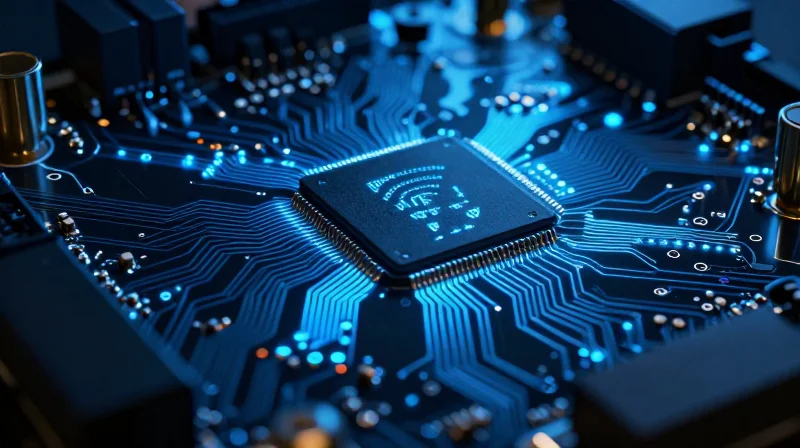 The WiFi 7 Manufacturing Challenge: Balancing Speed and Scale A close-up of a high-tech circuit board with intricate traces and glowing signal paths.