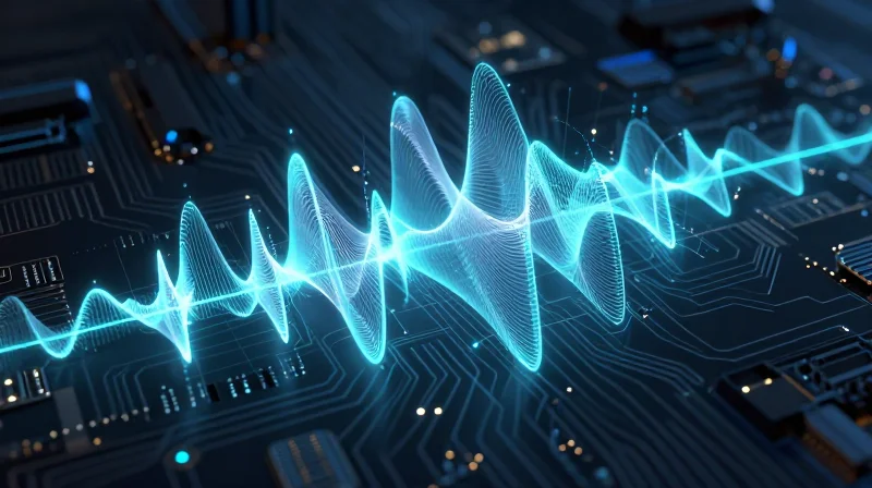 The Physics of High-Frequency Design Abstract visualization of high-frequency electromagnetic waves propagating across a circuit board surface