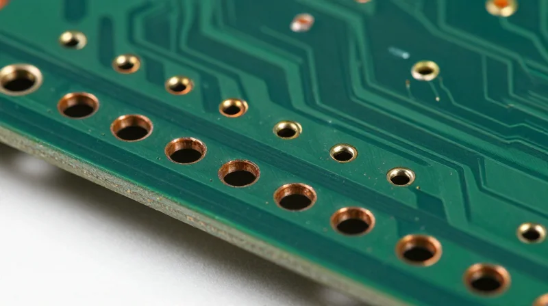 Manufacturing Tolerances and Via Technology A microscopic view of laser-drilled vias in a high-layer count PCB board.