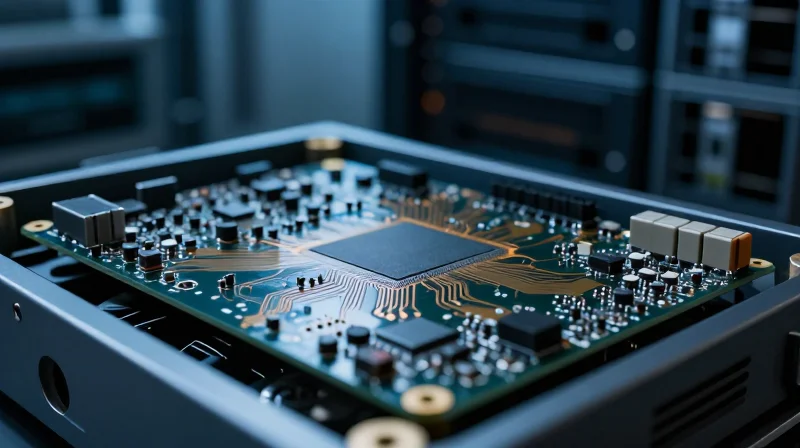 The Strategic Importance of PCB Integrity in Enterprise Hardware A high-detail closeup of a complex multi-layer printed circuit board inside a server rack, focusing on circuit patterns and gold-plated connectors.