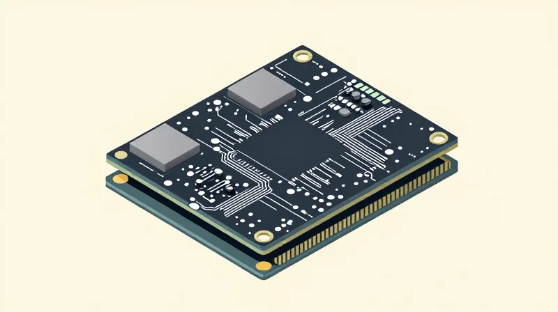 Understanding High-Density Interconnect (HDI) Technology An isometric 3D representation of an HDI board showing internal layers, microvias, and buried vias in a structured, clean architectural style.